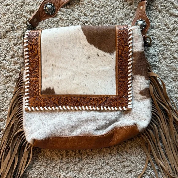 Brown and White Cowhide Fringe Crossbody Myra Bag - Picture 8 of 8